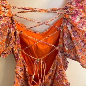 Floral puffed sleeve mini ruched dress with lace-up back by Mango - size large